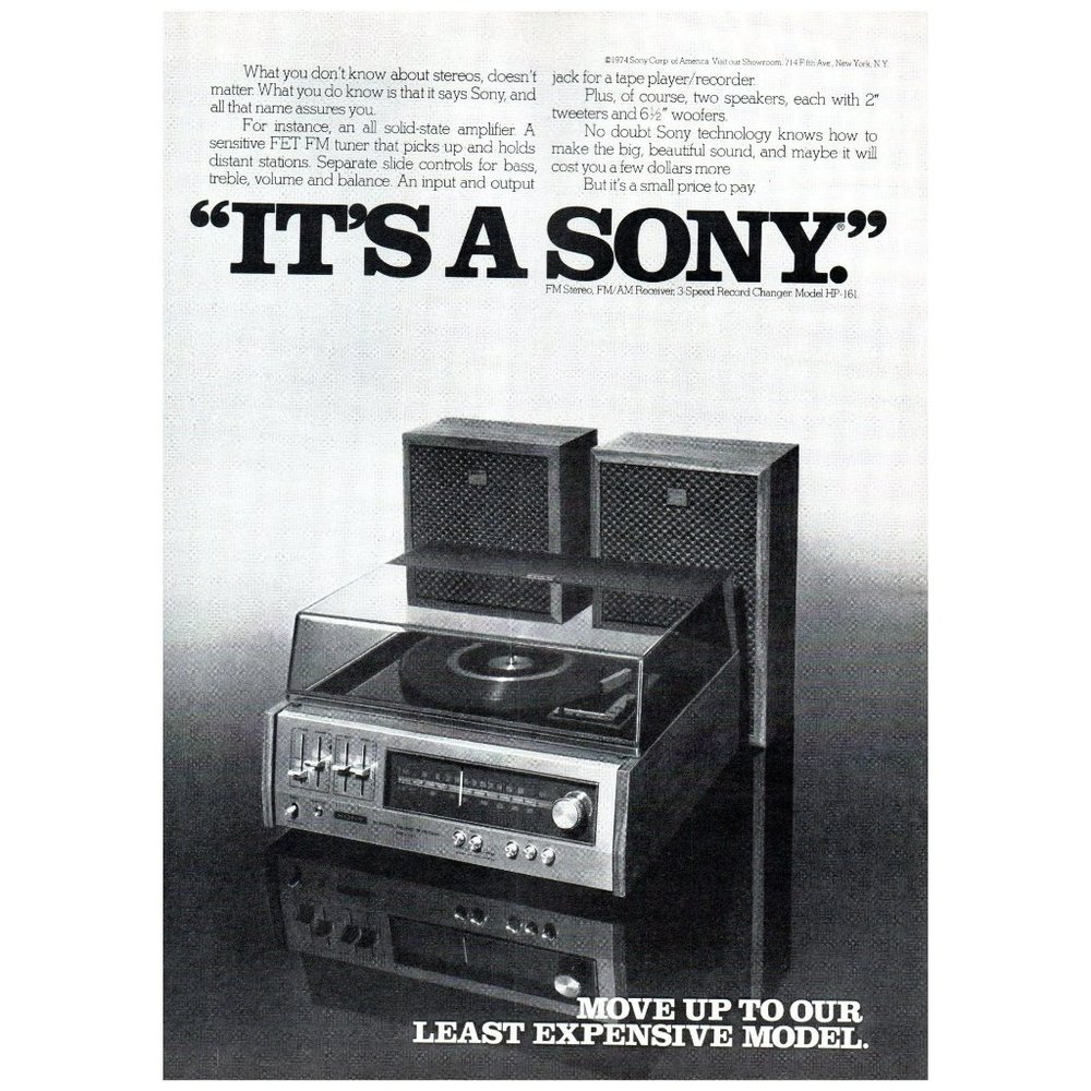 1974 Sony HP-161 Stereo System Receiver It's A Sony Vintage Print Ad Wall Art